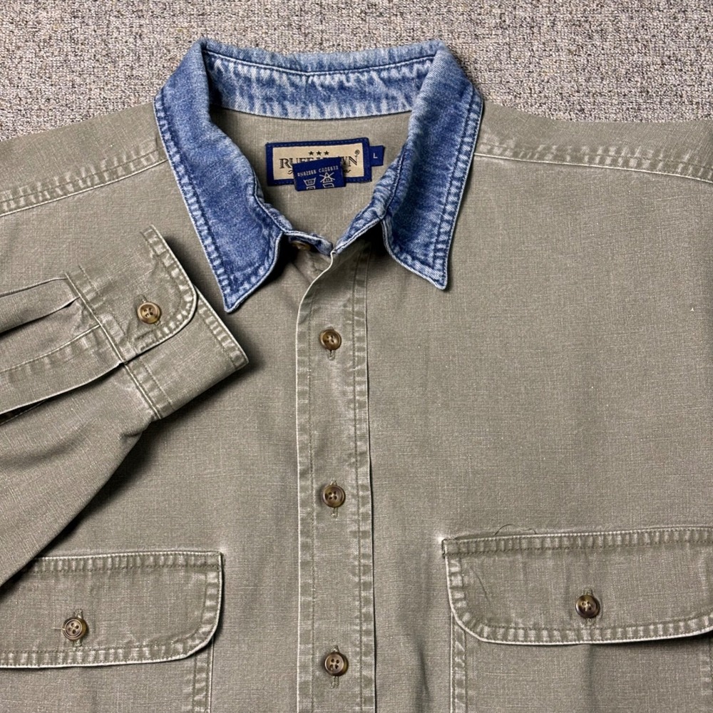 Ruff Hewn Button Down Mens L True American VTG Wear Gray Denim Collar Work Chore